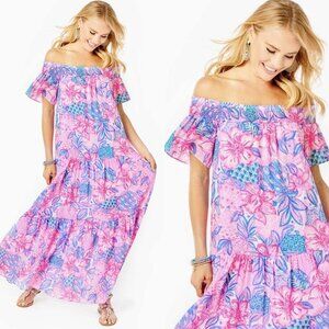 Lilly Pulitzer Dezi Off The Shoulder Maxi Dress Pink Isle Snappy Turtle NWT XS